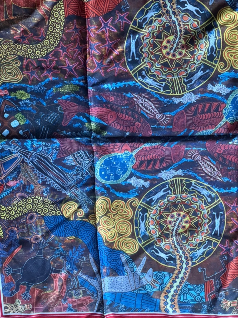 Bulurra Red Border Multicolor Aboriginal Print Scarf made in Australia - Picture 2 of 6